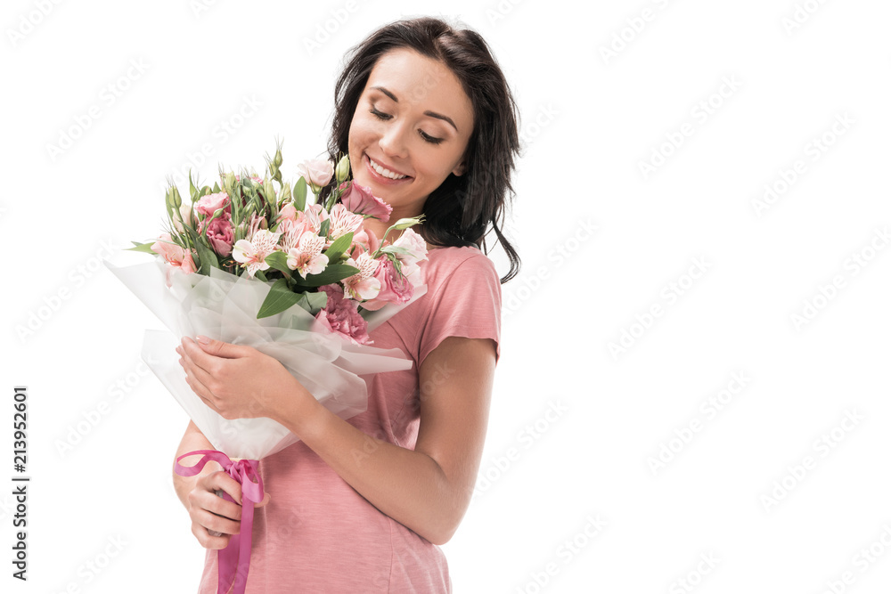 portrait of smiling woman with bouquet of flowers isolated on white portrait of smiling woman with bouquet of flowers isolated on white