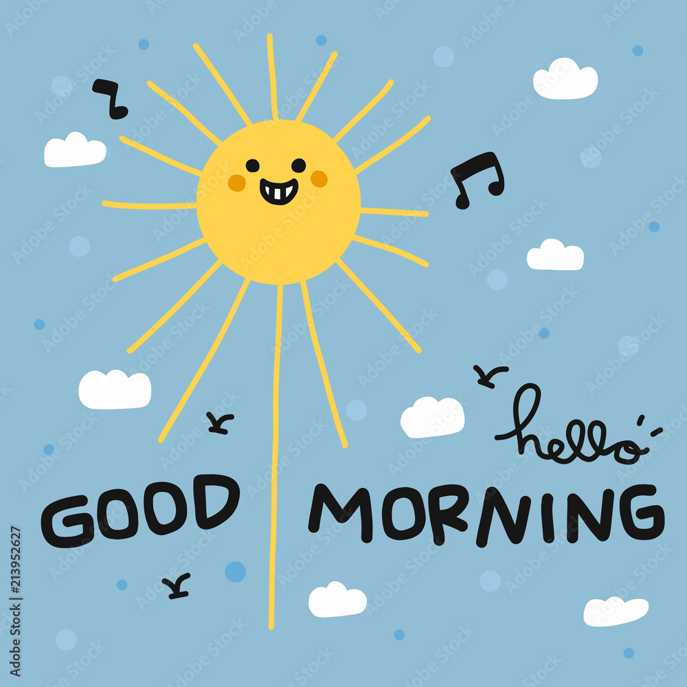 Hello good morning happy sun smile cartoon doodle vector ...