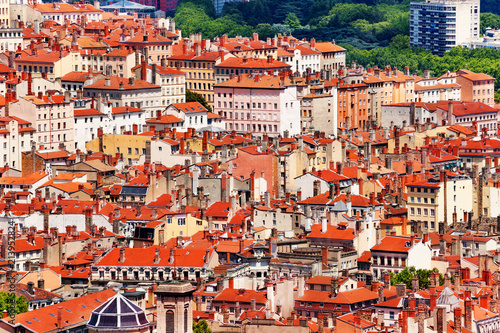 Beautiful cityscape of Lyon with red roofs houses
