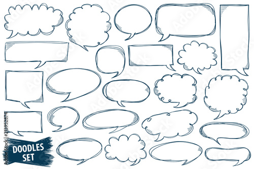 Speech bubble doodles set. Scribble frames collection. Sketch vector. Hand drawn effect illustration. Messages, phrases, text, chat, talk or dialog clouds set. Scrawl graphics isolated on white.