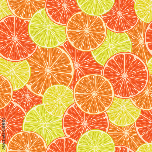 Citrus slices seamless pattern. Orange, lime, lemon, grapefruit. Vector illustration in cartoon style.