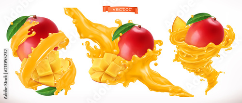 Mango juice. Fresh fruit 3d realistic vector icon