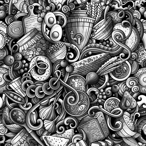 Cartoon cute doodles hand drawn Russian food seamless pattern