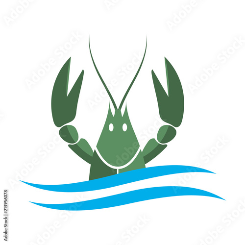 Crayfish logo. Green river lobster, langoustine or crustacean delicacies isolated on white background. Seafood design. Vector illustration.