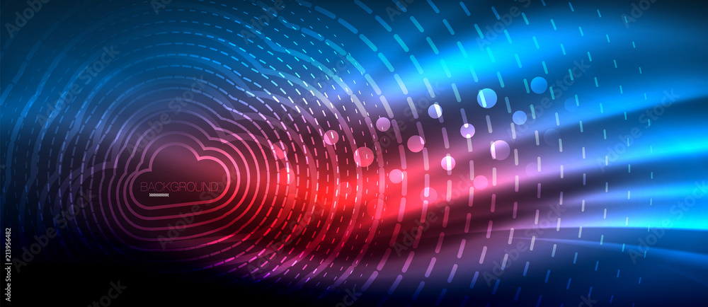 Neon glowing wave, magic energy and light motion background. Wallpaper template, hi-tech future concept Neon glowing wave, magic energy and light motion background. Wallpaper template, hi-tech future concept