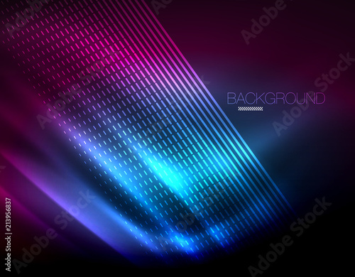 Smooth light effect, straight lines on glowing shiny neon dark background. Energy technology idea