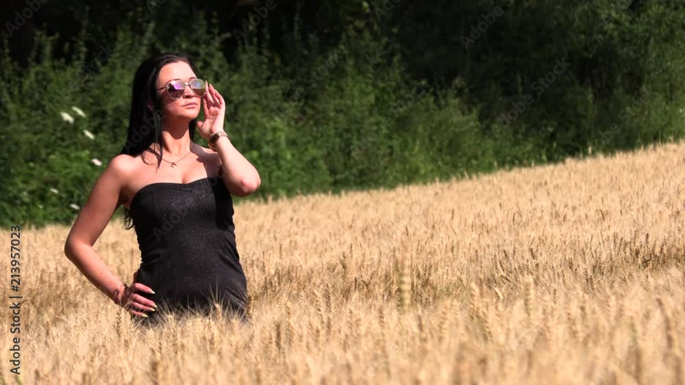 The brunette walks the wheat field,slow motion The brunette walks the wheat field,slow motion