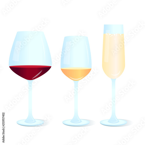 Set of different wine glasses icons: for red, white and champagne. 