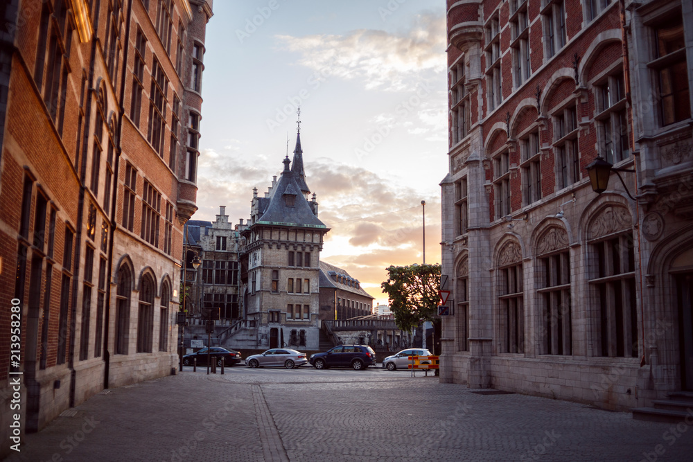 A picturesque street in the historic part of Antwerp, Belgium.