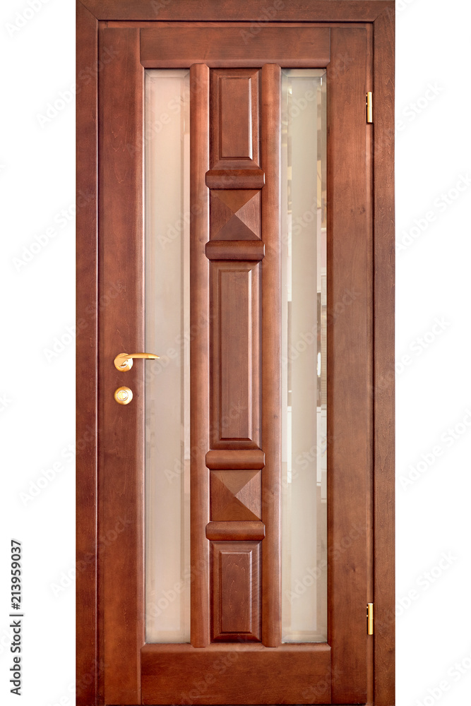 Fototapeta premium Wooden interior door of cherry wood with brass handle and insets of frosted glass with ornament isolated on white