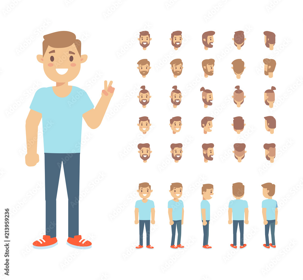 Front, side, back view animated character, separate parts of body. Young guy constructor with various views, hairstyles. Cartoon style, flat vector illustration. Stock Vector | Adobe Stock Front, side, back view animated character, separate parts of body. Young guy constructor with various views, hairstyles. Cartoon style, flat vector illustration. Stock Vector | Adobe Stock