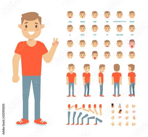 Front, side, back view animated character,separate parts of body. Young man constructor with various views, hairstyles, poses and gestures. Cartoon style, flat vector illustration.