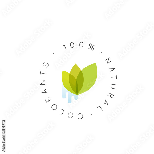Isolated Vector Style Illustration Logo Badge 100% Natural Colorants, Fresh Certified Organic, Eco Product, Bio Ingredient Label Badge with Leafs, Green Concept