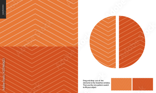 Food patterns, fish, flat vector illustration - salmon meat texture - dark and light salmon colored inside fish seamless texture and a seamless pattern of uneven salmon meat. Zig zag pattern