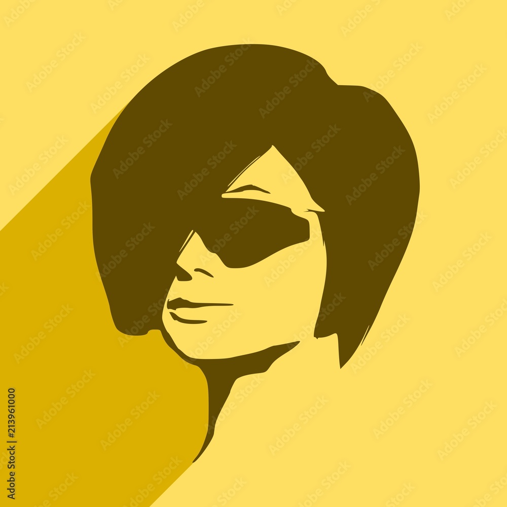 Portrait of beautiful woman in black sunglasses. Short hair. Half turn view. Web icon with long shadow Portrait of beautiful woman in black sunglasses. Short hair. Half turn view. Web icon with long shadow