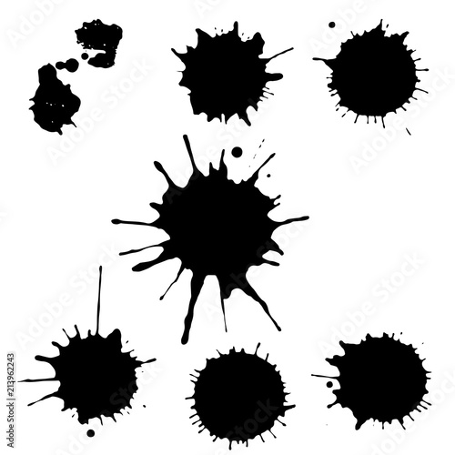 Black ink paint spots. Drops texture isolated on white background. Set for grunge splash textures. Vector illustration.