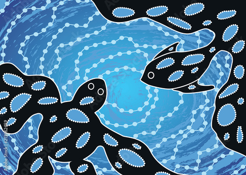Aboriginal dot art background. Illustration based on aboriginal style of dot painting with turtle and fish - Vector illustration