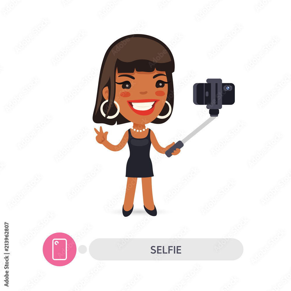 African American Cartoon Selfie Girl with Smartphone African American Cartoon Selfie Girl with Smartphone