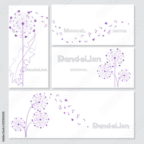 Postcards designs with musical dandelions. Wedding set. Vector Floral Frame Set. Flying in the wind, the parachutes from hearts and notes.