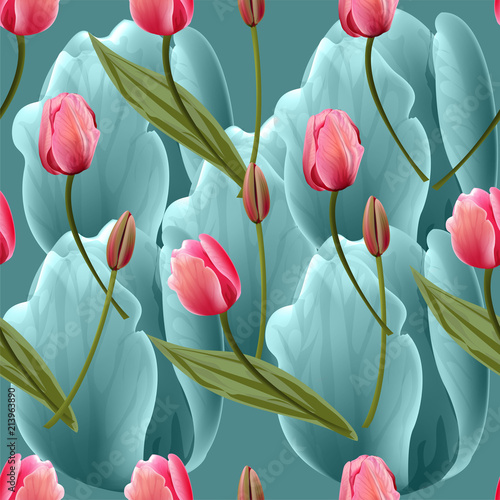 Seamless pattern with tulips flowers on blue background. Trendy fashion vector illustration.