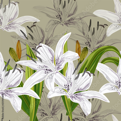 Floral seamless pattern,Lily flowers on green background