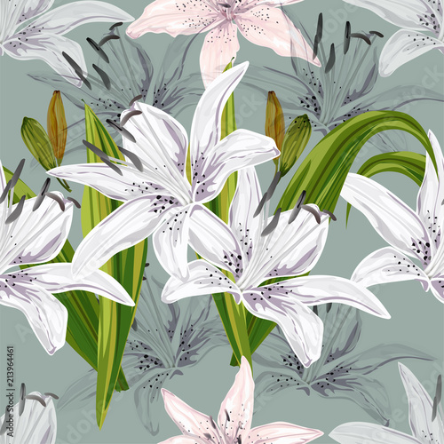 Floral seamless pattern,Lily flowers on green background