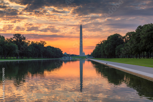 Washington Monument at Sunrise from new reflecting pool by Lincoln Memorial, Washington DC, USA.