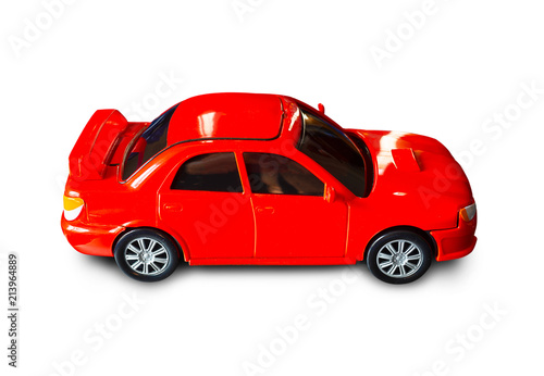 red toy car on white background.