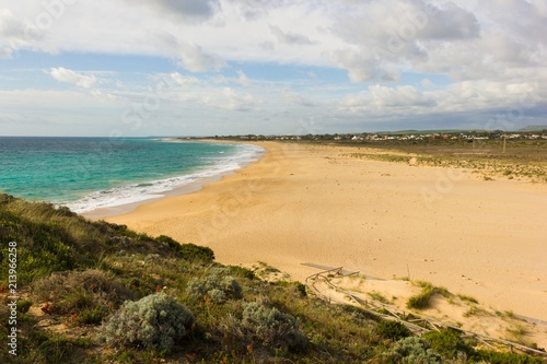 Top views of empty beach in Zahora, Cadiz province in South Spain. Remote location holidays concept, travel destination concepts