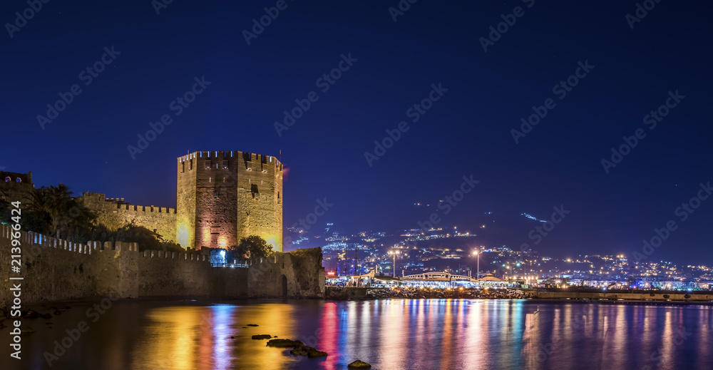 panaroma of red tower at night  in Turkey