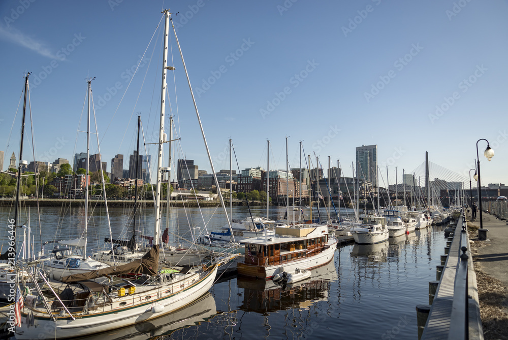 Long Wharf and Customhouse Block with sailboats and yachts in in Boston