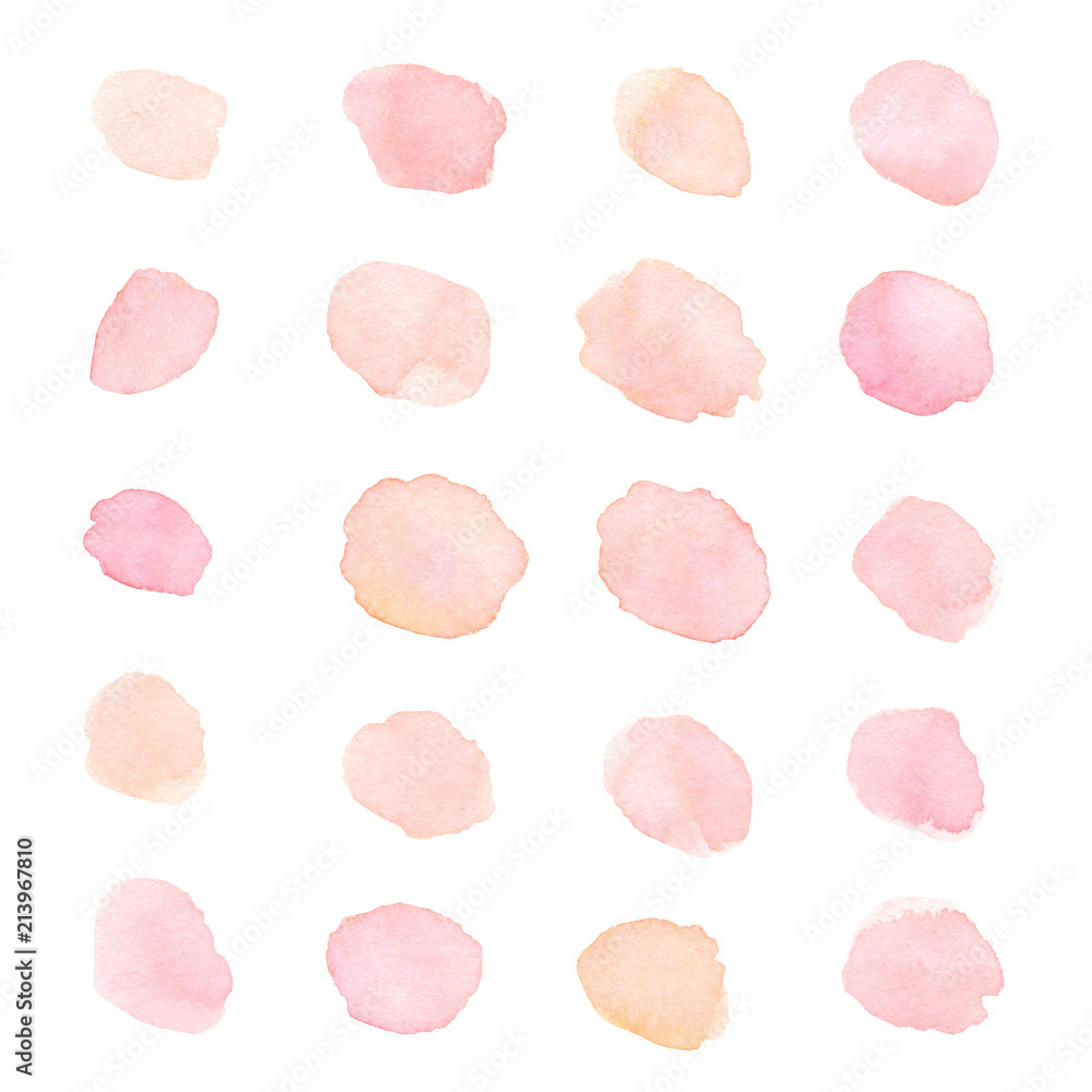Hand painted soft pink and peach watercolor dots and blots isolated on the white background. Pastel textures for your design.