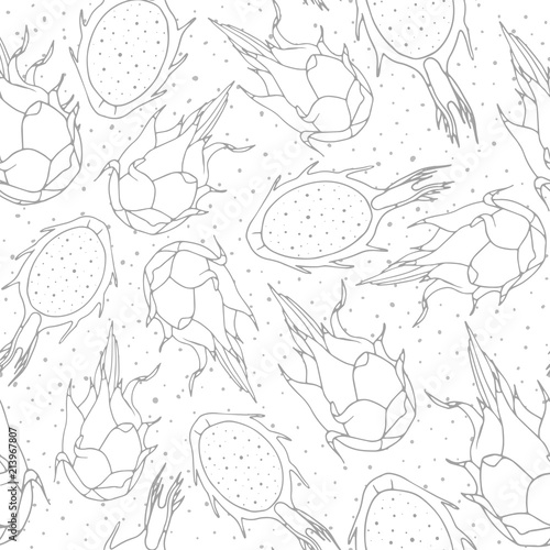 Vector tropical seamless pattern with dragon fruit outline on the white dotted background. Hand drawn exotic pitahaya line art.