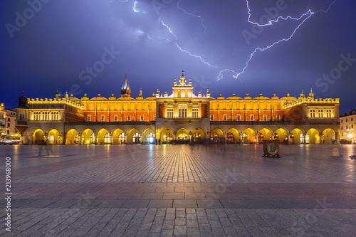 Thunderstorm on the Main Square of Krakow at night, Poland