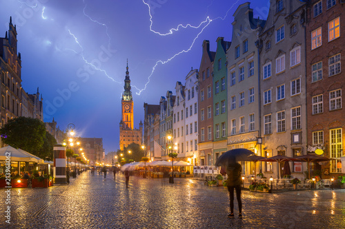 Thunderstorm in old town of Gdansk at night, Poland