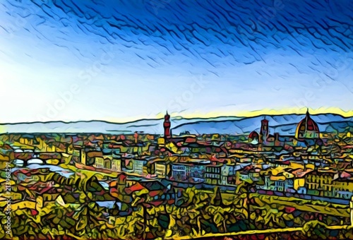 Cityscape view of Florence, tourism in Italy. Italian city old architecture. Big size oil painting fine art. Modern impressionism drawing artwork. Creative artistic print for poster, canvas or paper.