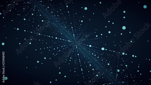Moving through abstract fractal point matrix lattice. Moving infinite square twisted tunnel of shining flares. Fly into geometric point structure. Infinite space dynamic background. Glowing points