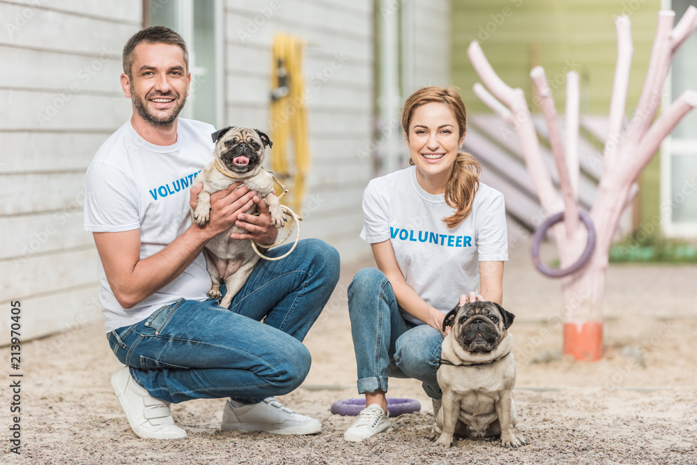 two volunteers of animals shelter squatting with pug dogs and looking at camera two volunteers of animals shelter squatting with pug dogs and looking at camera