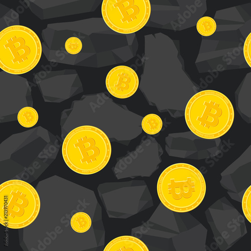 Bitcoin seamless pattern. Farm for the production of crypto currency, mining. Virtual money. Flat vector cartoon background.