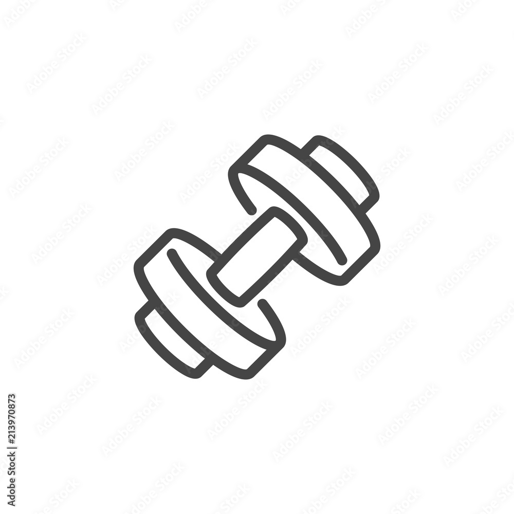 Dumbbell icon in linear design. Contour label for sports shop, gym, fitness class, athletic training. Healthy lifestyle and workout concept logo. Vector illustration isolated on white Dumbbell icon in linear design. Contour label for sports shop, gym, fitness class, athletic training. Healthy lifestyle and workout concept logo. Vector illustration isolated on white