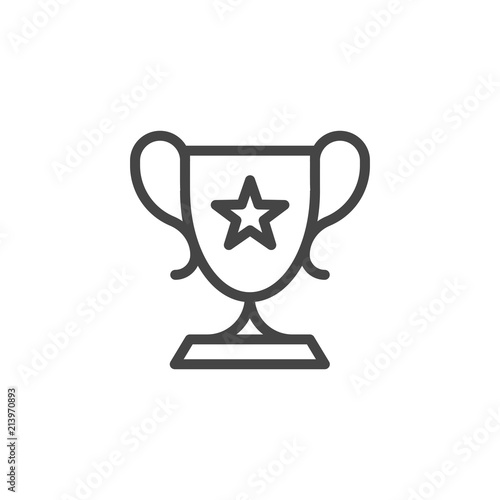 Champion Cup icon in linear style. Award trophy in competition for first place. Achievement in game outline label. Sports symbol of winner. Victory reward. Vector illustration isolated on white
