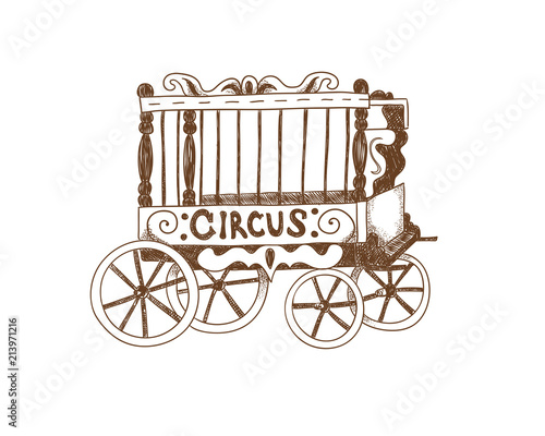 Circus trailer. Vector monochrome illustration on white isolated background