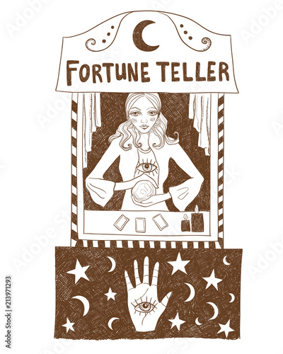 Fortune teller. Vector monochrome illustration on white isolated background