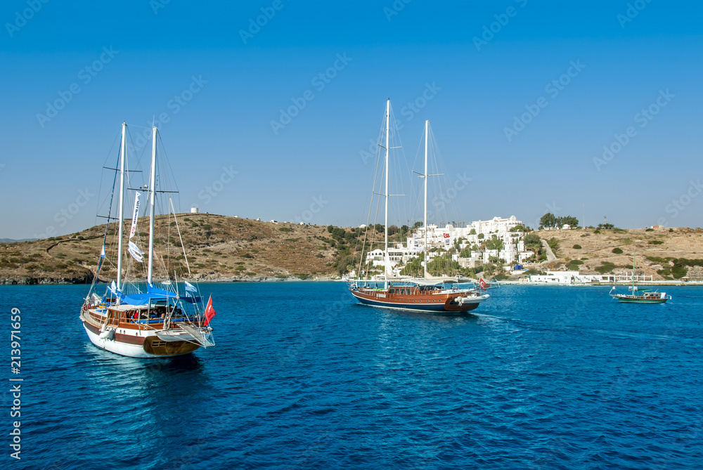 Bodrum, Turkey, 23 October 2010: Bodrum Cup Races, Gulet Wooden Sailboats on Cove of Bardakci