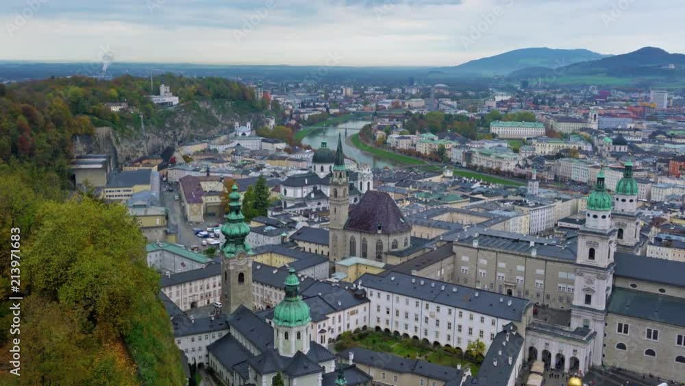 View from Hohensalzburg Castle on Kapitelplatz, St Peter's Abbey, Franciscan Church and Salzburg Cathedral, Austria View from Hohensalzburg Castle on Kapitelplatz, St Peter's Abbey, Franciscan Church and Salzburg Cathedral, Austria