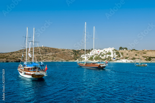 Bodrum, Turkey, 23 October 2010: Bodrum Cup Races, Gulet Wooden Sailboats on Cove of Bardakci