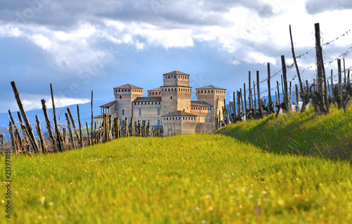 green landscape on hills around Parma and grass field near Torrechiara castle,  Italy photo