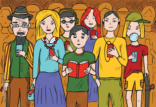 Group of people chatting and using mobile phones and boy with book. Concept of smartphone and internet addiction. Hand drawn sketched color vector illustration