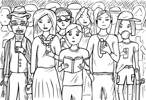 Group of people chatting and using mobile phones and boy with book. Concept of smartphone and internet addiction. Hand drawn sketched vector illustration