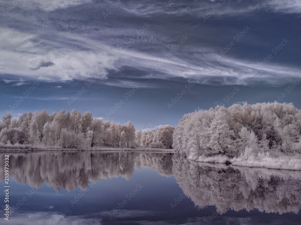 Fototapeta premium infrared photography - ir photo of landscape with tree under sky with clouds - the art of our world and plants in the infrared camera spectrum